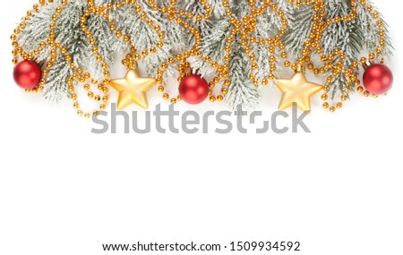 Christmas Border. Xmas winter tree branches with golden baubles, garland and stars isolated on white background