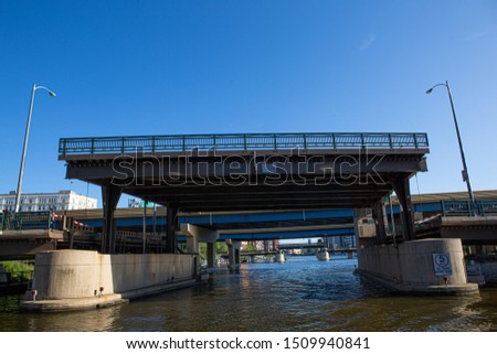 Vertical lift transportation bridge over the Milwaukee river in Milwaukee wisconsin