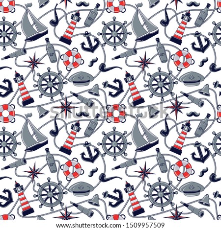 Sailor pattern. Seamless pattern of a pirate ship and attributes. hand-drawn illustration