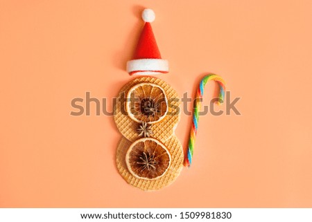 Christmas lollipop and santa claus red hat with cookies on pink background. Dry orange and spices for hot tea, cinnamon and cardamom. Merry christmas and new year concept