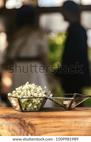 Wedding rings in a glass box with small white flowers