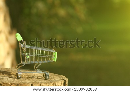 A mini shopping trolley on a table that shines on the sun symbolizing marketing and shopping as a concept of business.