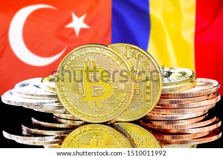 Concept for investors in cryptocurrency and Blockchain technology in the Turkey and Moldova. Bitcoins on the background of the flag Turkey and Moldova.