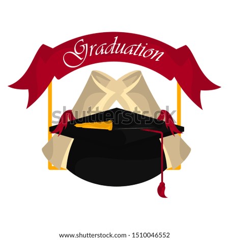 Graduation cap with diploma amd ribbon. Graduation concept - Vector