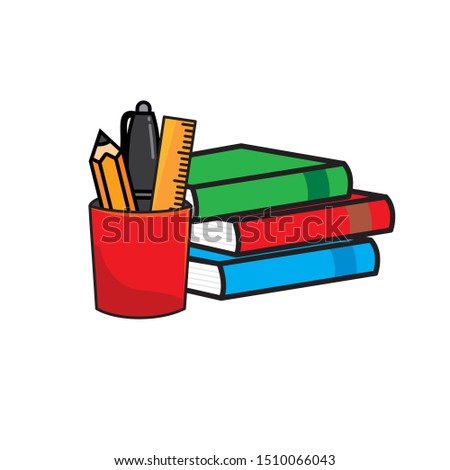 Stack of books vector with pencil pen and ruler vector illustration isolated on white background. Stationary clip art