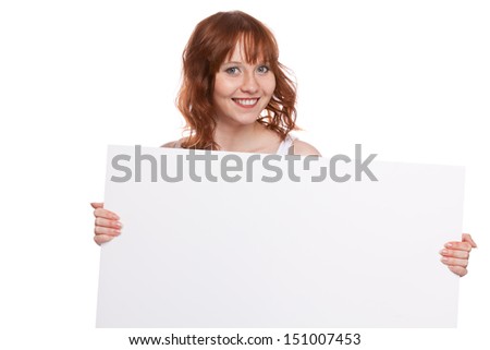 woman holding blank billboard, ready to add text, isolated over white background
