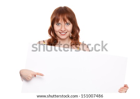 woman showing on the message on blank billboard on white background