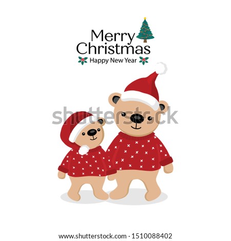 Merry Christmas and Happy New Year. Bear and little bear cartoon.