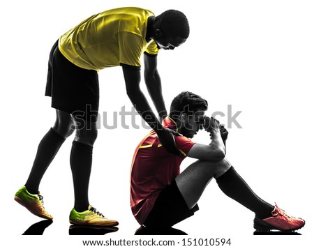 two men soccer player playing football competition  fair play concept in silhouette  on white background Royalty-Free Stock Photo #151010594