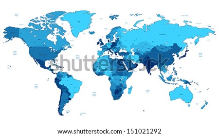 Detailed vector World map of blue colors. Names, town marks and national borders are in separate layers.