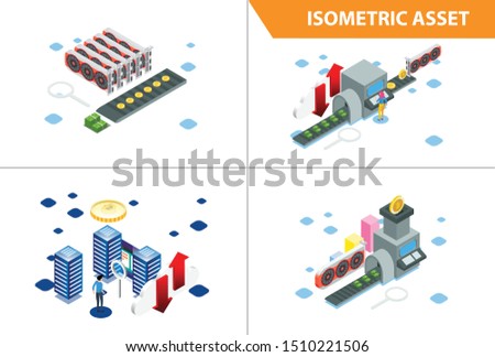 Modern 3d Isometric Set collection  Smart Mining Bitcoin online Technology Illustration in White Isolated Background With People and Digital Related Asset