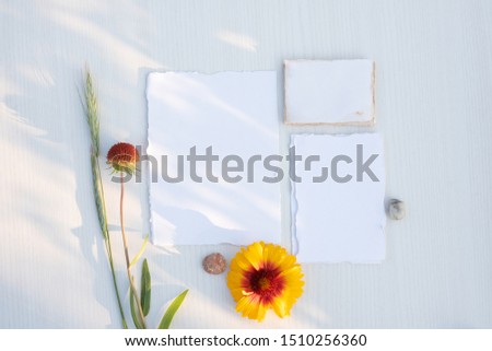 Stylish branding mockup to display your artworks. Flat lay top view. Blank greeting card on wooden table background. Feminine wedding stationery, desktop scene with yellow flowers, wheat, stone.