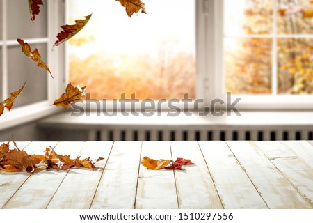White window sill background with fall landscape and free space for your decoration. Brown autumn leaves and sunny day. 