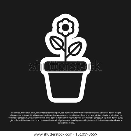 Black Flower in pot icon isolated on black background. Plant growing in a pot. Potted plant sign.  Vector Illustration