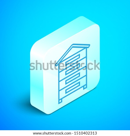 Isometric line Hive for bees icon isolated on blue background. Beehive symbol. Apiary and beekeeping. Sweet natural food. Silver square button. Vector Illustration
