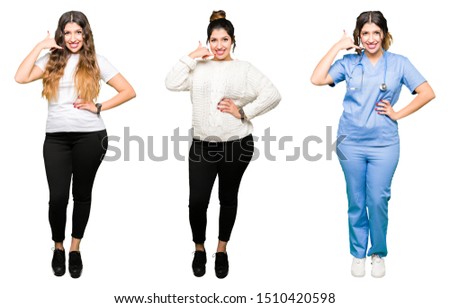 Collage of beautiful young woman over white isolated background smiling doing phone gesture with hand and fingers like talking on the telephone. Communicating concepts.