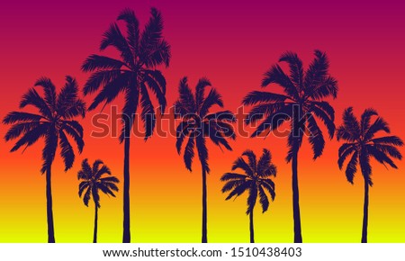 Palm trees on a background of summer red-yellow sunset, vector art illustration.