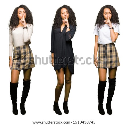 Collage of young woman over isolated white background asking to be quiet with finger on lips. Silence and secret concept.