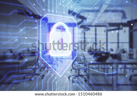 Lock icon drawing with office interior on background. Double exposure. Concept of data security