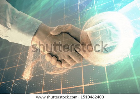 Multi exposure of bitcoin sign on abstract background with two men handshake. Concept of cryptocurrency