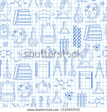 Back to school. Seamless background. Subjects for science, mathematics, chemistry, geography, reading, biology, physics on a sheet of paper from a school notebook. Vector illustration