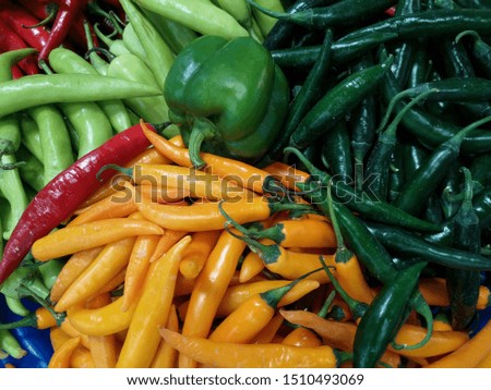 Variety of fresh chilli and pepper in the market