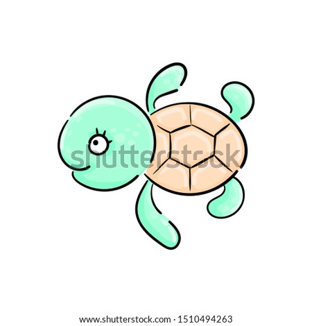 Very cute turtle hand drawn in cartoon style. Animal wildlife turtle Flat vector illustration. Kawaii turtle card sketch for t shirt design, School books, Greeting cards, posters.