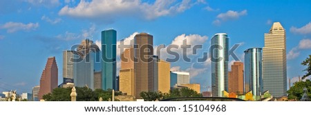 Houston skyline under blue sky