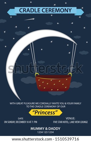 Professional and creative poster design for a Cradle Ceremony invitation with the night theme and a decorated cradle hanging to the moon in a very attractive design with some stars around it.