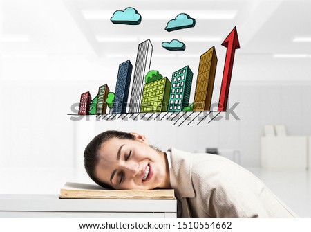 Happy business woman sleeping on workplace. Downtown with skyscrapers cartoon drawing above head. Smiling female worker in white suit dreaming in office. Real estate agency advertising.