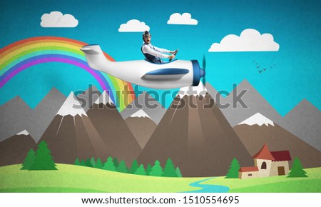 Aviator driving propeller plane on background of mountain landscape. Cartoon summer field with small house and green grass. Aircraft pilot in retro airplane. Rainbow in blue sky above mountain range