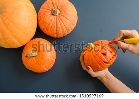 A woman holds a small pumpkin and cuts out an evil grimace on it with a paper knife over a black background. Halloween concept, flat lay, top view. The process of making jack-o-lantern. flat lay.