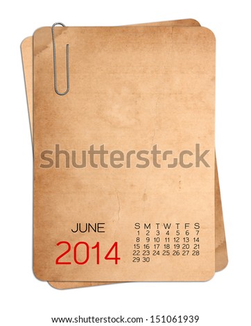 June 2014 Calendar on the Empty old photo with Paper clip