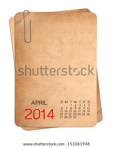 April 2014Calendar on the Empty old photo with Paper clip