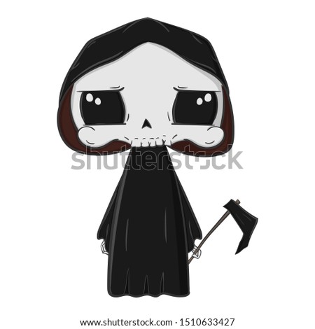 Halloween cartoon cute grim reaper character vector illustration, isolated clip-art.