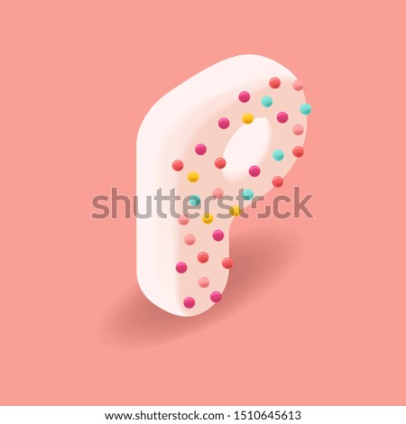 Soft letter P with sweet confetti. 3D sweet alphabet for invitation card. Isometric vector typeface