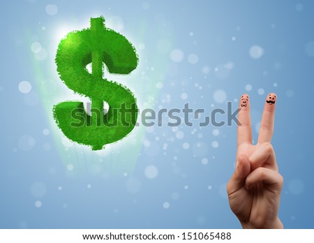 Happy cheerful smiley fingers looking at green leaf dollar sign