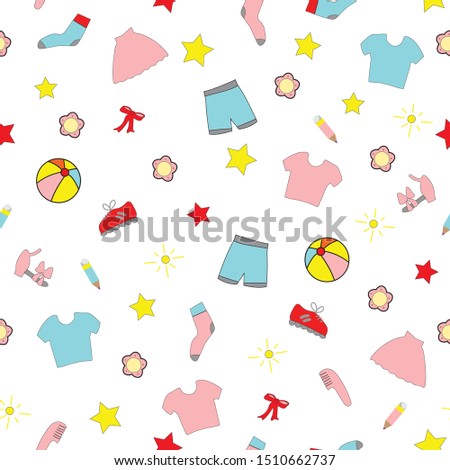 Hand-drawn colored vector seamless pattern with elements of clothes and personal things on white background for baby and kids usage