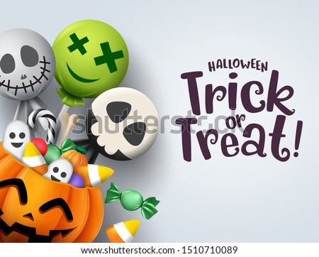 Trick or treat hallowenn greeting card vector background. Halloween trick or treat with pumpkin and scary sweets elements of candies like candy cane and lollipop for party invitation in gray. Royalty-Free Stock Photo #1510710089