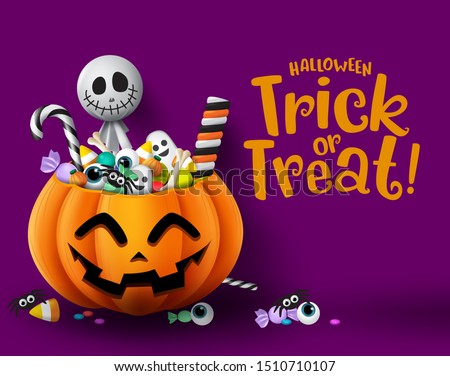 Halloween trick or treat pumpkin vector background template. Halloween trick or treat greeting text with empty space for message and pumpkin basket with sweet candies element. Vector illustration.
 Royalty-Free Stock Photo #1510710107