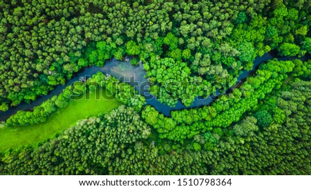 River and green forest in Tuchola natural park, aerial view Royalty-Free Stock Photo #1510798364