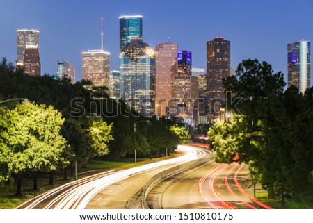 Downtown Houston Skyline with an S-Curve Road.