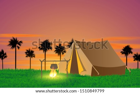 landscape of camping tent at the meadow in morning