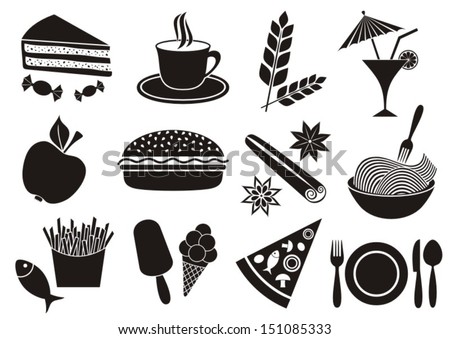 Set of black food and beverage icons isolated