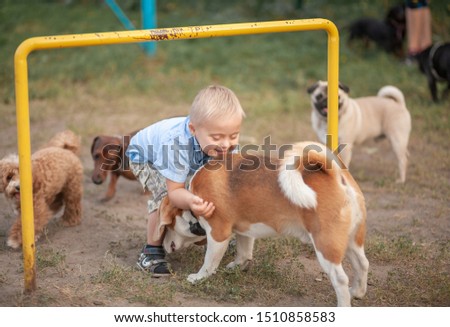 A boy with Down syndrome plays in the playground. Genetic disease in a child. Toddler hugs a dog.