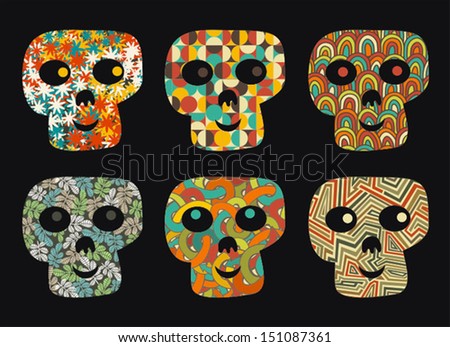 Set of cute and funny skulls. Vector illustration. 