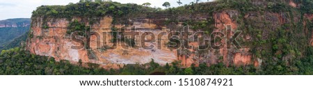 Panoramic view to impressive red cliff wall, Chapada dos Guimarães, Mato Grosso, Brazil, South America