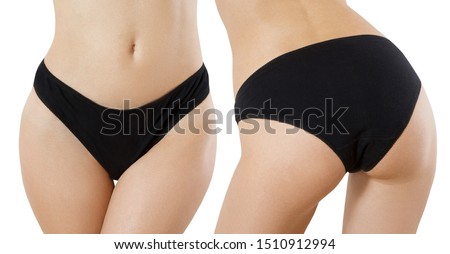 Close up of women body in black template blank panties isolated on white background. Front back view. Mock up underwear with copy space. Shave bikini line and body spa concept. Cropped image.