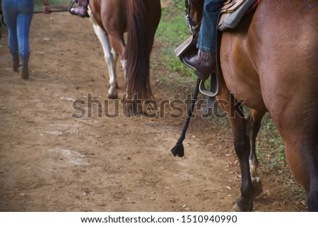 Child's cowboy boot in a horse's stirrup riding away on a horseback ride. Royalty-Free Stock Photo #1510940990