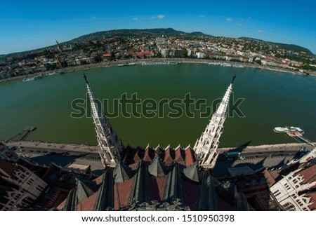 Budapest Cityscape from unusual viewpoint. Fiheye lens, Hungarian Parliament.